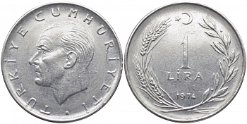 Турция 1 лира 1974 Мустафа Кемаль Ататюрк KM 889а.2 нержавеющая сталь 3856-847