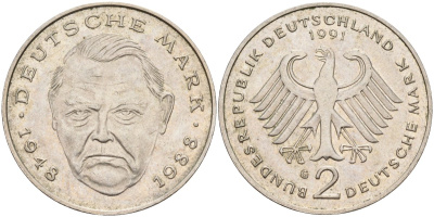 ФРГ 2 марки 1991 G , Людвиг Эрхард, 40 лет Федеративной Республике (1948-1988) KM 170, J. 445 медно-никель плакированный никелем 4583-616