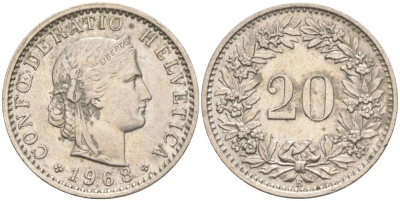 Швейцария 20 раппенов 1968 В KM 29a медно-никель 55-854