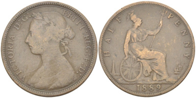 Великобритания 1/2 пенни 1889 Виктория (1837-1901) KM 754, Spink 3956 бронза 4543-1225