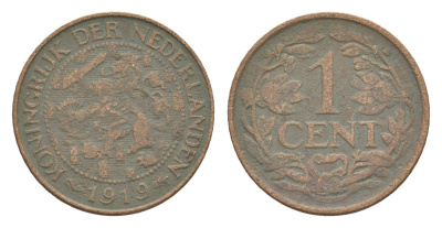 Нидерланды 1 цент 1919 Вильгельмина (1890-1948) KM 152 бронза 75-552