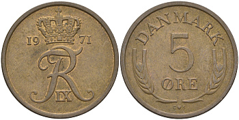 ДАНИЯ 5 ЭРЕ 1971 C; S, ФРЕДЕРИК IX (1947-1972) KM 848.1 бронза 106-122