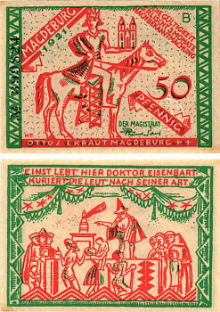 МАГДЕБУРГ 50 ПФЕННИГОВ 1921 НОТГЕЛЬД, ЗЕМЛЯ НИЖНЯЯ САКСОНИЯ-АНХАЛЬТ, БУКВА В Grabowski 857.1 бумага 8592-50-2-2