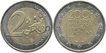 Франция 2 евро 2008 председательство в ЕС KM 1459 биметалл 34-716