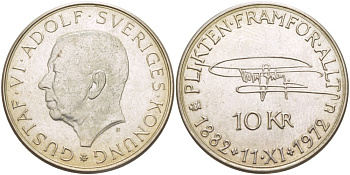 Швеция 10 крон 1972 U, 90 лет со дня рождения Густава VI Адольфа KM 847 серебро 4536-846