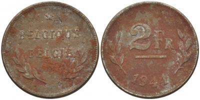БЕЛЬГИЯ 2 ФРАНКА 1944 BELGIQUE-BELGIE KM 133 оцинкованная сталь 4528-845
