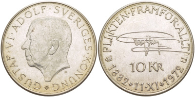 Швеция 10 крон 1972 U, 90 лет со дня рождения Густава VI Адольфа KM 847 серебро 4536-846