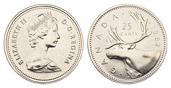 Канада 25 центов 1982 Елизавета II (1952-2022), олень KM 74 никель PROOF-LIKE (BU) 413-4215
