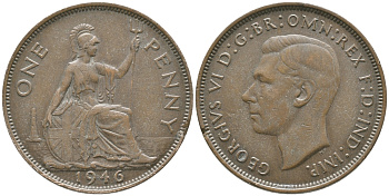 Великобритания 1 пенни 1946 Георг VI (1936-1952) KM 845, Spink 4114 бронза 32-522