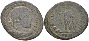 Римская Империя нуммий 315 Константин I Великий, бюст императора, IMP CONSTANTINVS P F AVG / бог Соль, SOLI INVICTO COMITI S F RP, Рим RIC 33 биллон 1073-13-113