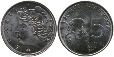 Бразилия 5 сентаво 1977 ФАО KM 587.1, Schon 93 нержавеющая сталь UNC 4577-1137