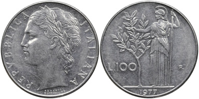Италия 100 лир 1977 R, Афина в доспехах KM 96.1 нержавеющая сталь 4165-222