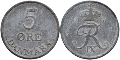 ДАНИЯ 5 ЭРЕ 1951 N; S, ФРЕДЕРИК IX (1947-1972) KM 843.1 цинк 41-134