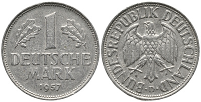 ФРГ 1 МАРКА 1957 D KM 110, J. 385 медно-никель 3999-232