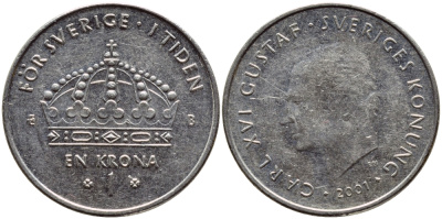 Швеция 1 крона 2001 Карл XVI Густав (1973- ) KM 894 медно-никель 4364-536