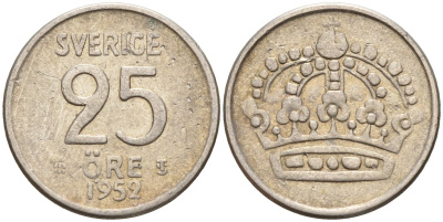 Швеция 25 эре 1952 TS, Густав VI Адольф (1950-1973) KM 824 серебро 4147-1024