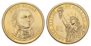 США 1 доллар 2007 P, Президент США - Джон Адамс (1797-1801) KM 402 медь с марганцево-латунным покрытием UNC 4624-111