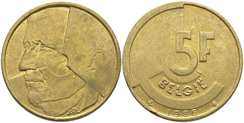 БЕЛЬГИЯ 5 ФРАНКОВ 1986 BELGIE, БОДУЭН I (1951-1993) KM 164 латунь или алюминиевая бронза 119-847