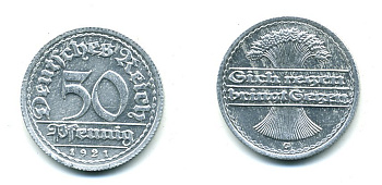 ГЕРМАНИЯ 50 ПФЕННИГОВ 1921 G KM 27, J. 301 алюминий 23-825