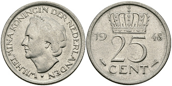 НИДЕРЛАНДЫ 25 ЦЕНТОВ 1948 ВИЛЬГЕЛЬМИНА KM 178 никель 176-846
