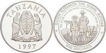Танзания 500 шиллингов 1997 серия королева Елизавета-королева мать, граф и графиня в туре по восточной Африке 1925 год KM 47 серебро PROOF 1069-3-24