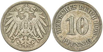 Германия 10 пфеннигов 1903 A KM 12, J. 13, Weege 8 медно-никель 259-836