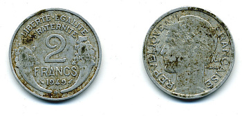 Франция 2 франка 1949 В, тип Morlon KM 886а.2, Le Franc 269.15 алюминий 84-623