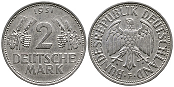 ФРГ 2 марки 1951 F J 386, KM 111 медно-никель плакированный никелем 413-3532