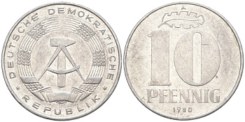 ГДР 10 пфеннигов 1980 А KM 10 алюминий 219-1117