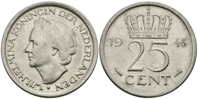 НИДЕРЛАНДЫ 25 ЦЕНТОВ 1948 ВИЛЬГЕЛЬМИНА KM 178 никель 176-846