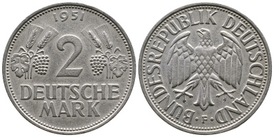 ФРГ 2 марки 1951 F J 386, KM 111 медно-никель плакированный никелем 413-3532