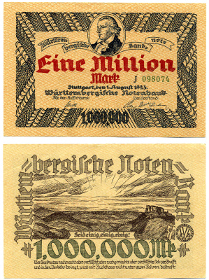 ШТУТГАРТ 1000000 МАРОК (1 МИЛЛИОН) 1923 1 АВГУСТА 1923, НОТГЕЛЬД, WURTEMBERGISCHE NOTENBANC, СЕРИЯ J098074, БЕЗ ПЕРЕГИБОВ, ЗЕМЛЯ БАДЕН-ВЮРТЕМБЕРГ Keller 4930d бумага 00-00