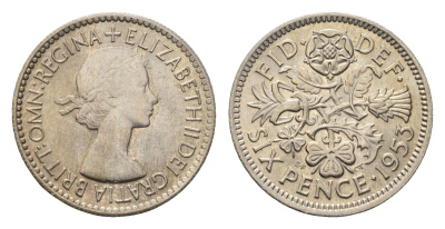 Великобритания 6 пенсов 1953 Елизавета II (1952-2022), год-тип KM 889, Spink 4141 медно-никель UNC 4690-764