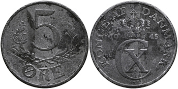 ДАНИЯ 5 ЭРЕ 1945 N; S, КРИСТИАН X (1912-1947) KM 834a цинк 51-844