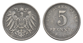 Германия 5 пфеннигов 1918 A, Вильгельм II (1888-1918) KM 19, J. 297, Weege 5 железо плакированное цинком 4640-162