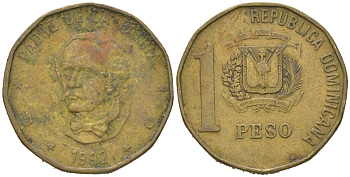 Доминиканская Республика (Доминикана) 1 песо 1992 Хуан Пабло Дуарте KM 80.1 латунь 4619-524