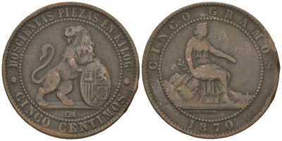 Испания 5 сентимо 1870 ОМ, лев со щитом KM 662 бронза 92-1017
