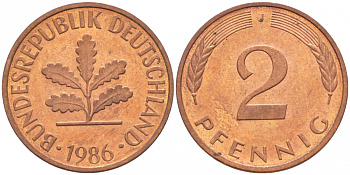 ФРГ 2 ПФЕННИГА 1986 J KM 106a, J.381a сталь плакированная сталь плакированная медьюю 4396-1617