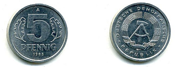ГДР 5 пфеннигов 1983 A КМ 9.2 алюминий 62-2241