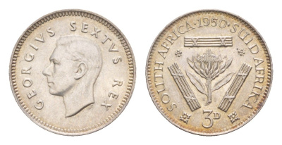 ЮАР 3 пенса 1950 Георг VI (1936-1952) KM 35.1 серебро UNC 413-3544