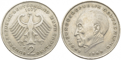 ФРГ 2 МАРКИ 1977 D, КОНРАД АДЕНАУЭР KM 124, J. 406 медно-никель плакированный никелем 3856-253