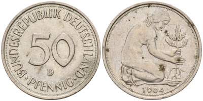 ФРГ 50 пфеннигов 1984 D KM 109, J. 384 медно-никель 4596-825