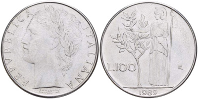 ИТАЛИЯ 100 ЛИР 1989 R, АФИНА, ДИАМЕТР 28 ММ. KM 96.1 нержавеющая сталь 4531-122