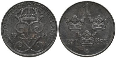 Швеция 1 эре 1948 Густав V (1907-1950) KM 810 железо 57-1134