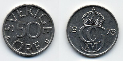 Швеция 50 эре 1978 U, Карл XVI Густав (1973- ) KM 855 медно-никель 23-1352