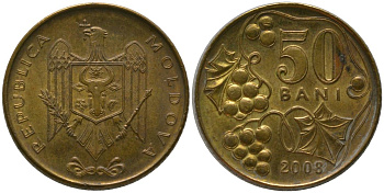 Молдавия 50 бани 2008 KM 10 сталь плакированная латунью 4549-1112