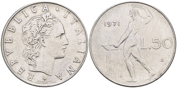 ИТАЛИЯ 50 ЛИР 1971 R, БОГ ОГНЯ ВУЛКАН У НАКОВАЛЬНИ KM 95.1 нержавеющая сталь 4551-354