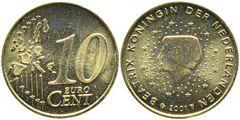 Нидерланды 10 евроцентов 2001 Беатрикс (1980-2013) KM 237 нордик UNC 4391-316