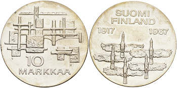 Финляндия 10 марок 1967 S-H, 50 лет независимости (1917-1967) KM 50 серебро UNC 1523-631