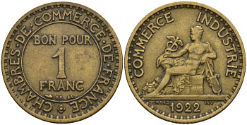 Франция 1 франк 1922 KM 876, Le Franc 218.5 алюминиевая бронза 4142-637